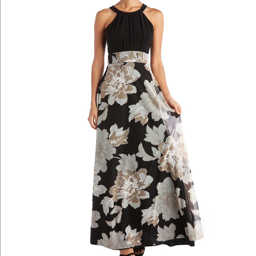 R&M Richards floor length dress. Sleeveless, black top with floral skirt.